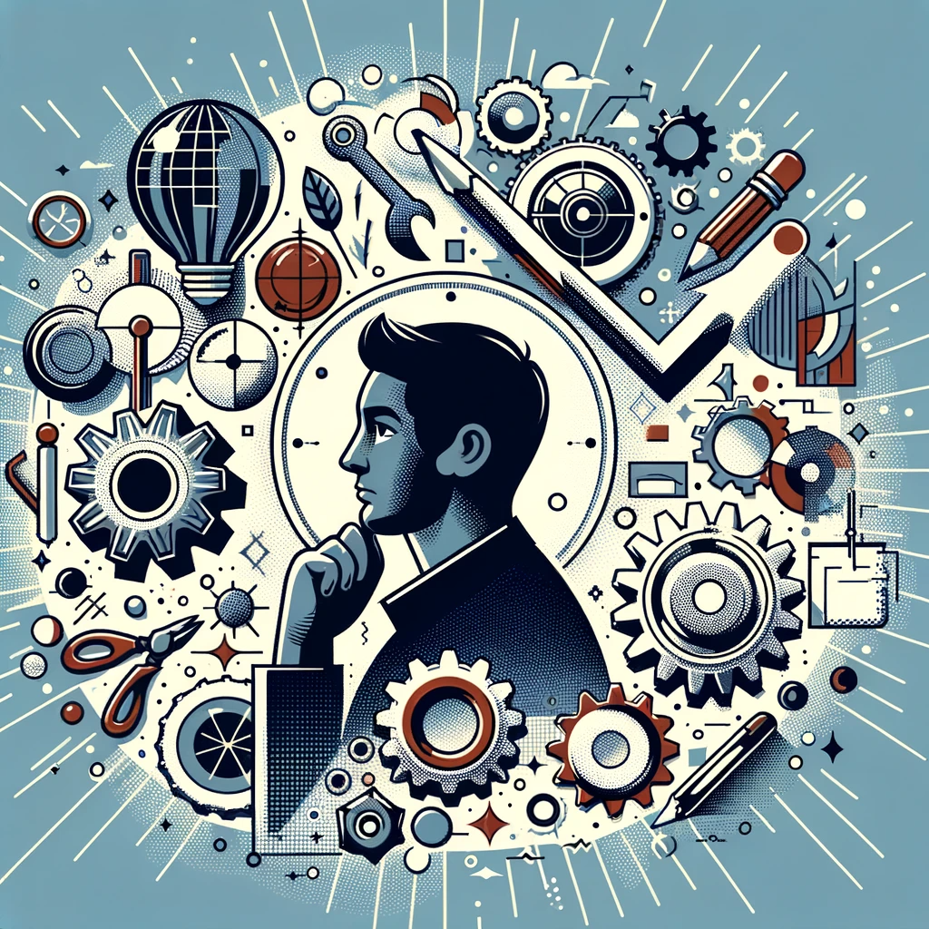Ilustracija koja predstavlja koncept "pragmatičnosti", prikazujući lik u razmišljanju, okružen simbolima praktičnosti i realizma.